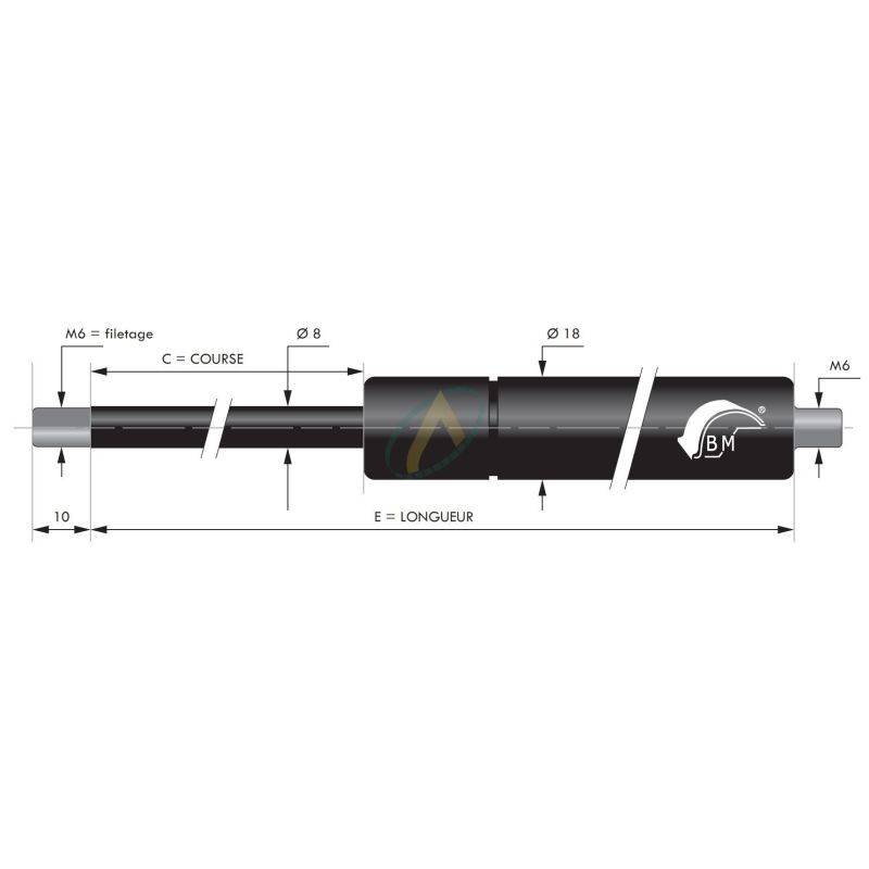 Vérin à gaz tige diamètre 8 mm avec filetage M6