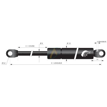 Vérin à gaz tige diamètre 8 mm avec chapes soudées diamètre 8,1 mm