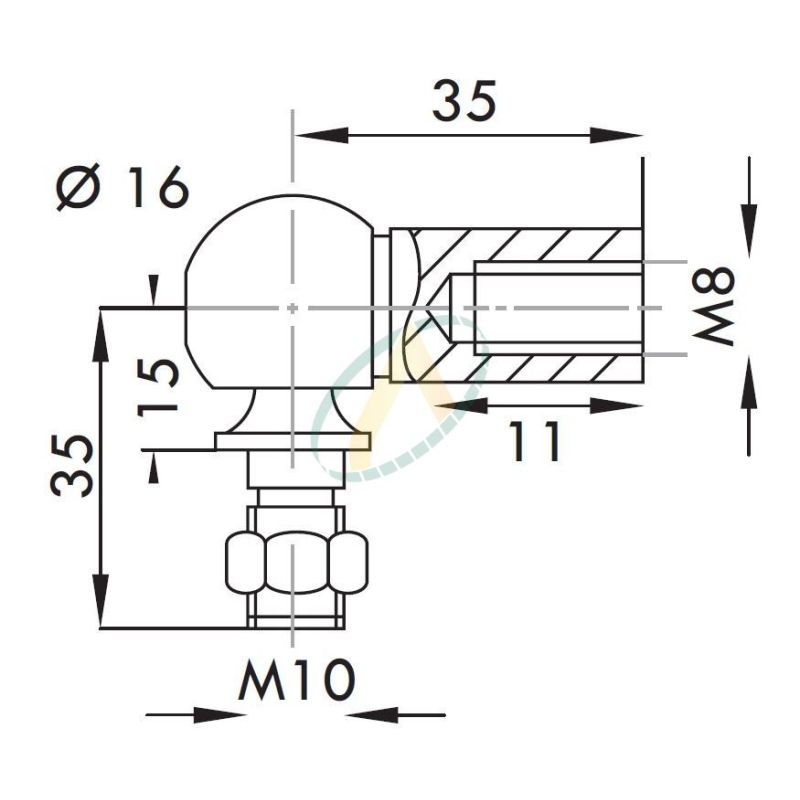 Cage acier taraudé M8 avec rotule fileté M10 longueur 35 mm Cage acier taraudé M8 avec rotule fileté M10 longueur 35 mm