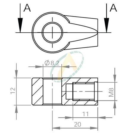 Chape zamak  diamètre 8,2 mm largeur 12 mm taraudé M8