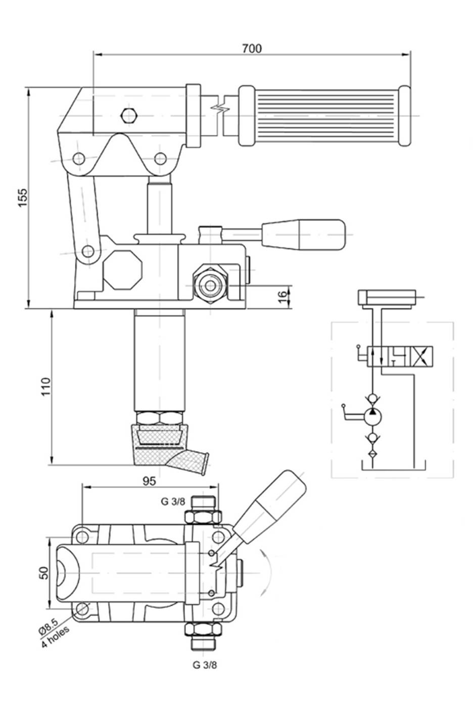 Schéma pompe hydraulique manuelle double effet