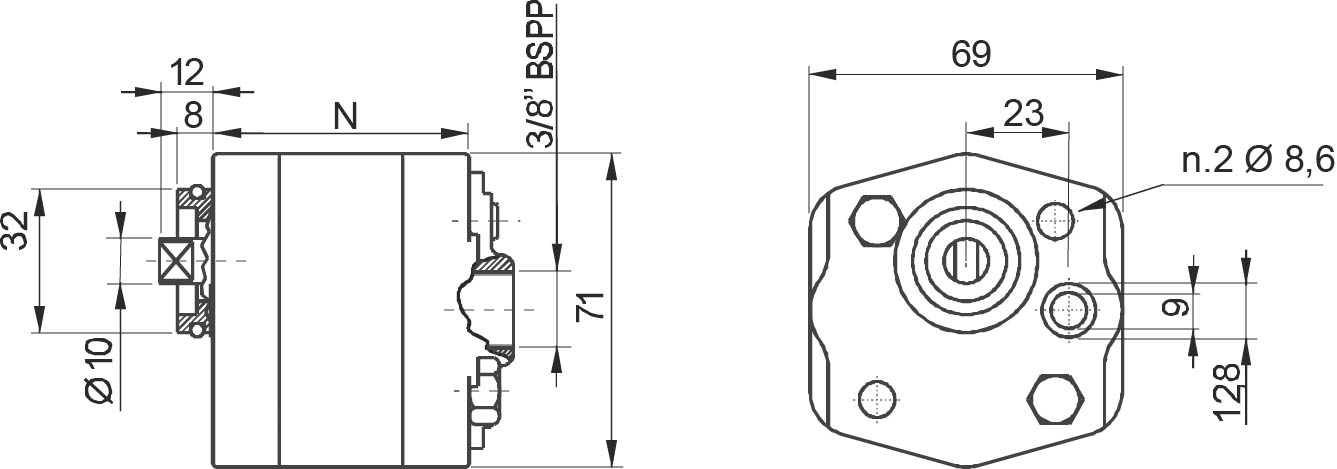 schema Pompe standard 9,8 cm³ groupe 1 -  130 bar rotation droite