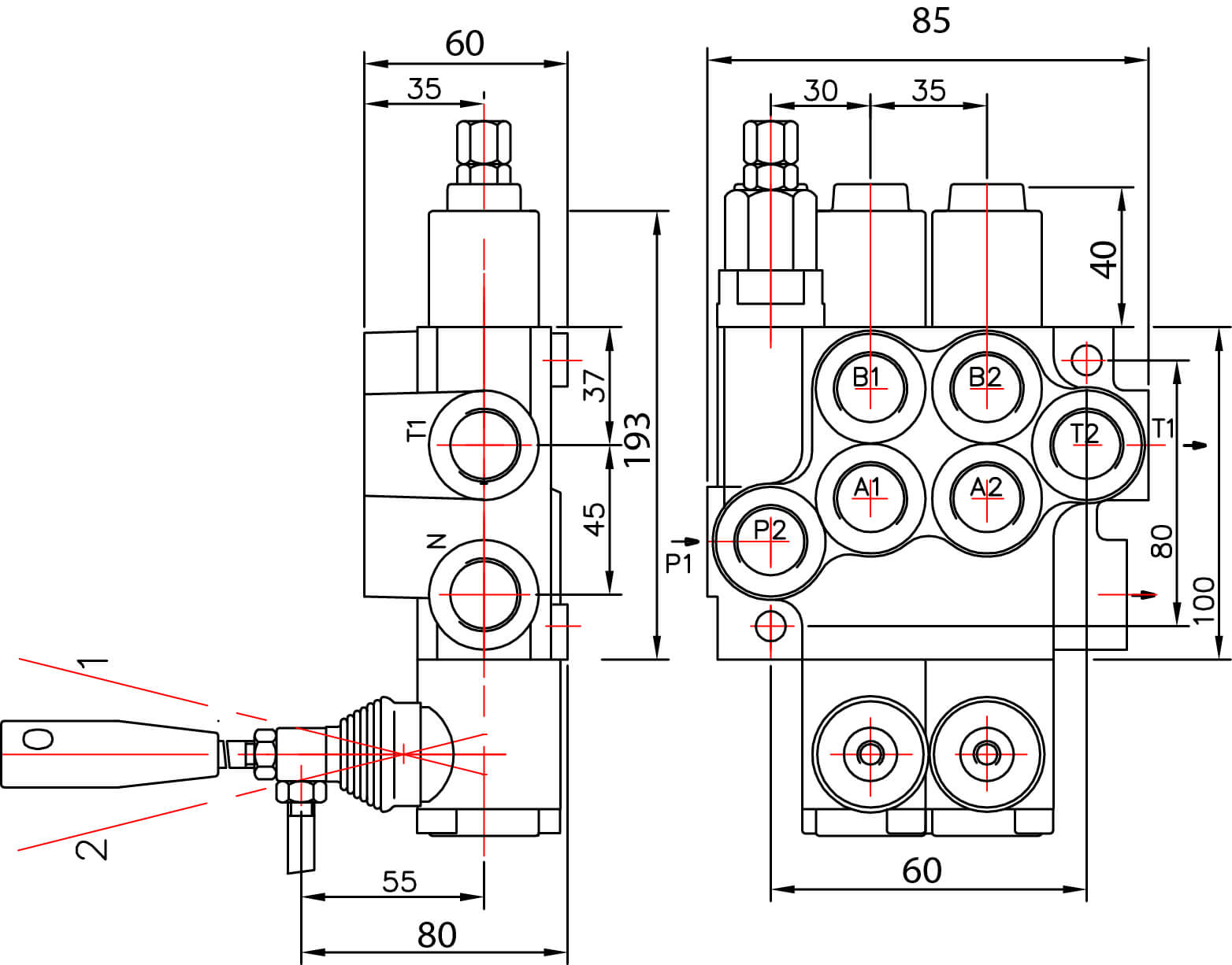 Schéma distributeur hydraulique 40l/min 1 double effet commande par levier