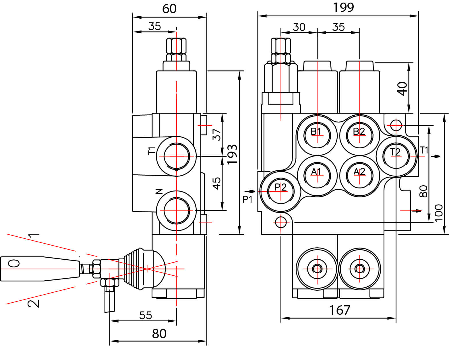 Schéma distributeur hydraulique 40l/min 1 double effet commande par levier
