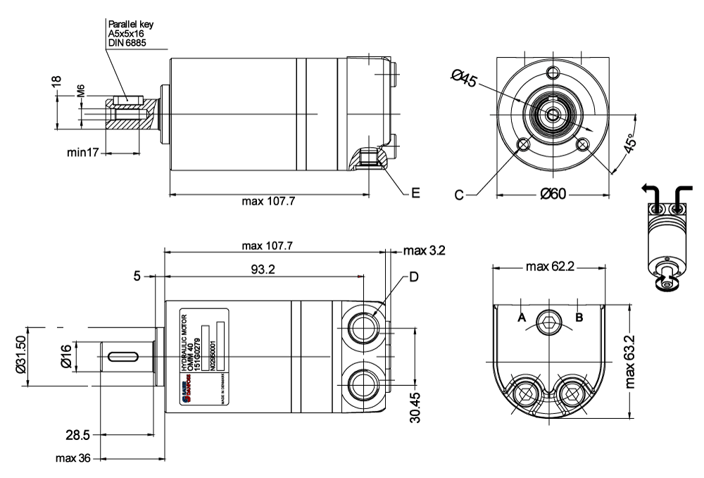 Schéma Moteur Danfoss OMM 8cm3 sorties latérales