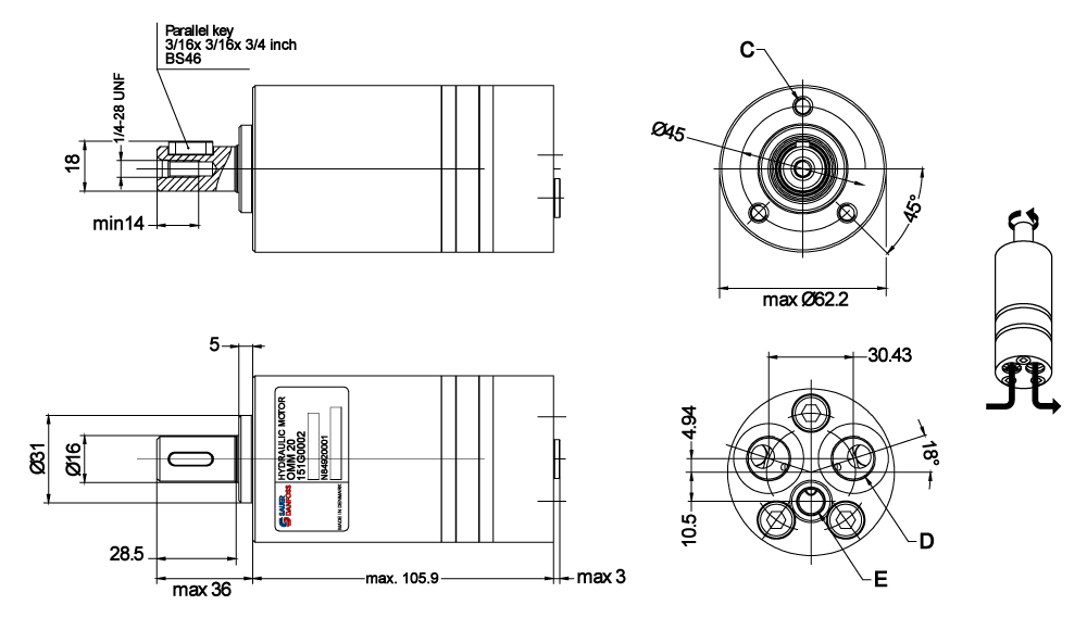 Moteur Danfoss OMM 8cm3  arbre 5/8 sorties arriere