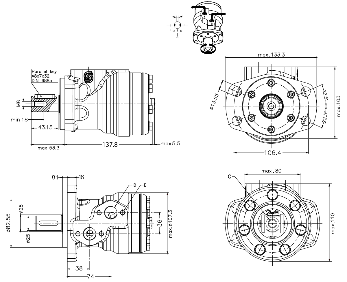 Schéma Moteur Danfoss OMR 50cm3 Arbre 25mm