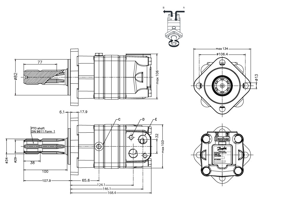 Moteur Danfoss OMS 80 cm3 Arbre PTO