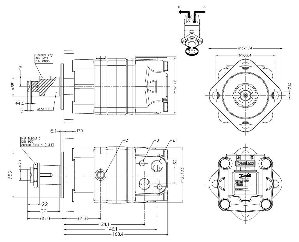 Moteur Danfoss OMS 80 cm3 arbre conique 1/10