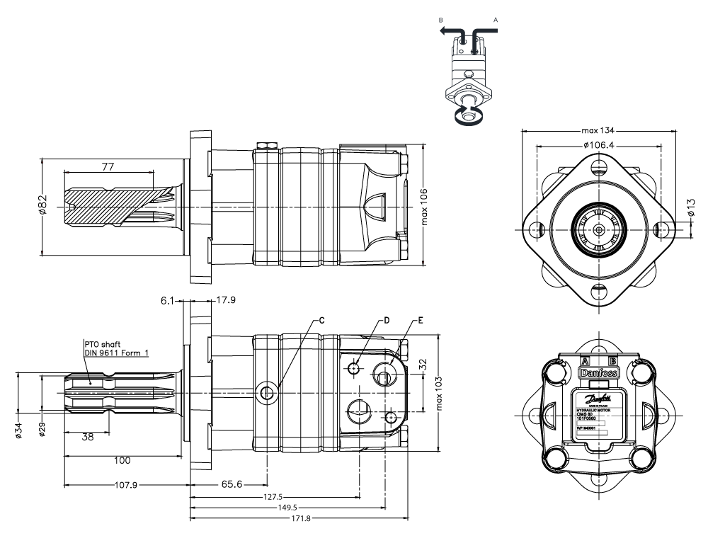 Moteur Danfoss OMS 100cm3 arbre PTO 1"3/8