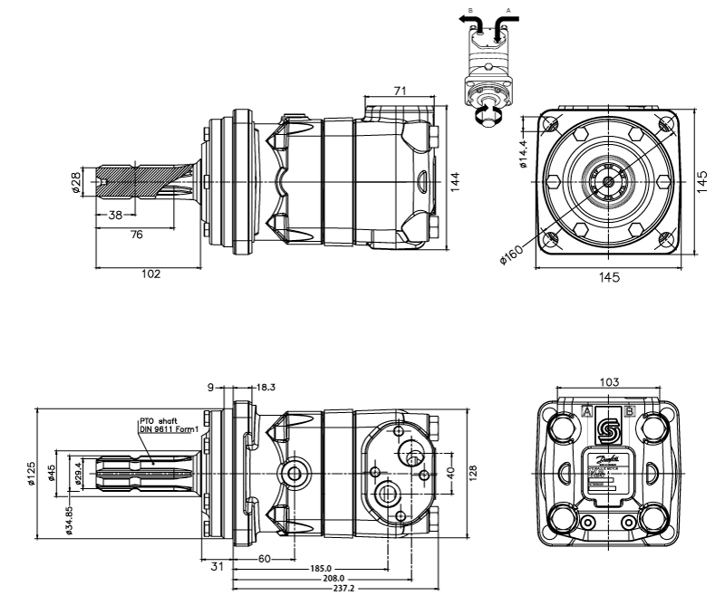 Schéma moteur Danfoss OMT 500 cm3 arbre PTO