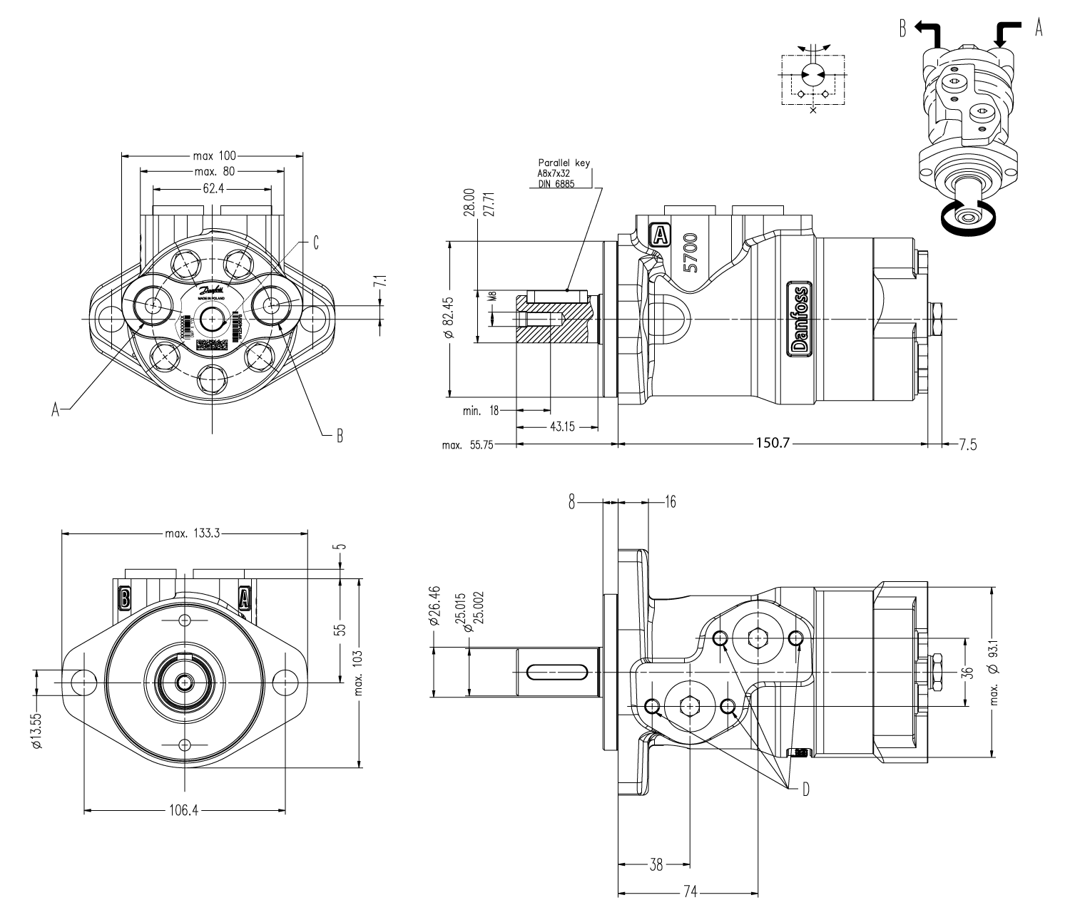 Schéma moteur Danfoss OMP 100 cm3