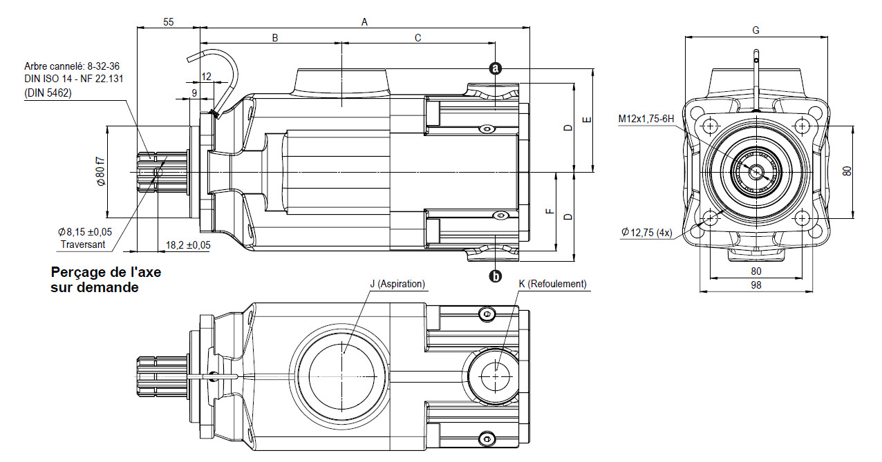 Schéma et dimensions pompe camion série PA Hydro Leduc