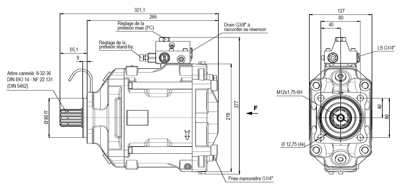 Schéma et dimensions pompe camion TXV 130-150 Hydro Leduc