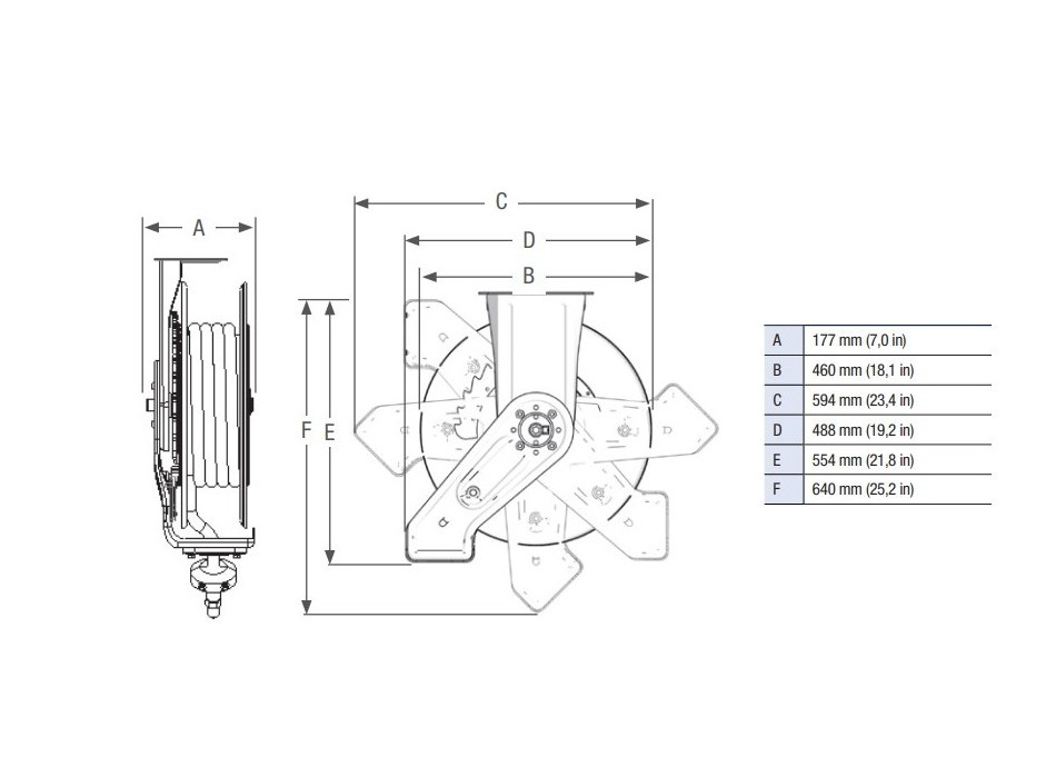 Dimensions enrouleur automatique pour huile 15 mètres