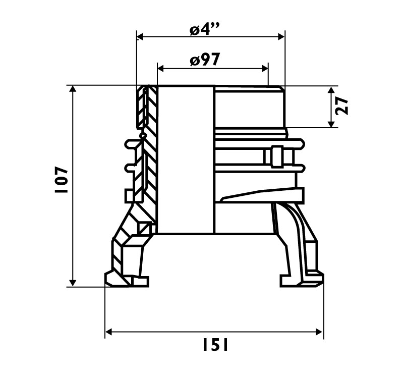 Raccord pompier DN100 4" mâle Avec verrou