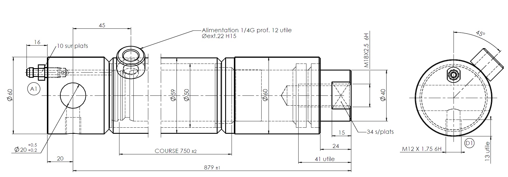 vérin hydraulique simple effet tige 40 mm