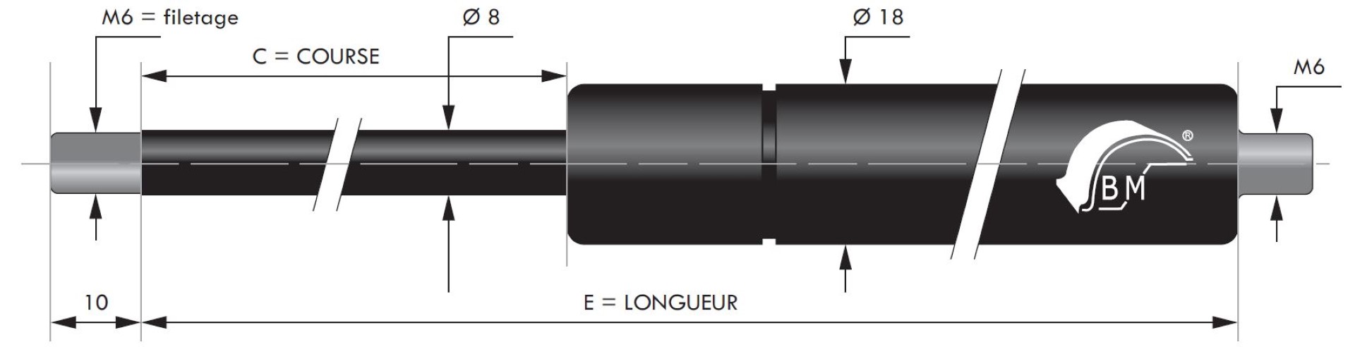 Vérin à gaz tige diamètre 8 mm avec filetage M6